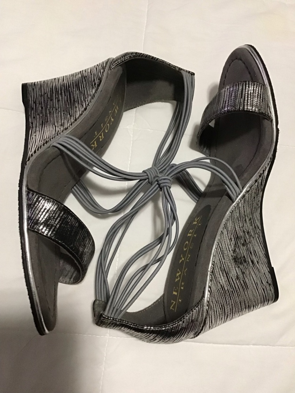 New York Transit Metallic Gray Strappy Wedge Sandals Size 8